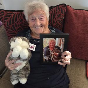 Phyllis Adams, Fast Entry cuddly cat winner - “Phyllis Adams, age 97, won a beautiful cuddly cat in your raffle. She lost her cat Oscar 18 months ago. When she opened her prize, she was very emotional and happy as the cat reminds her so much of Oscar.”